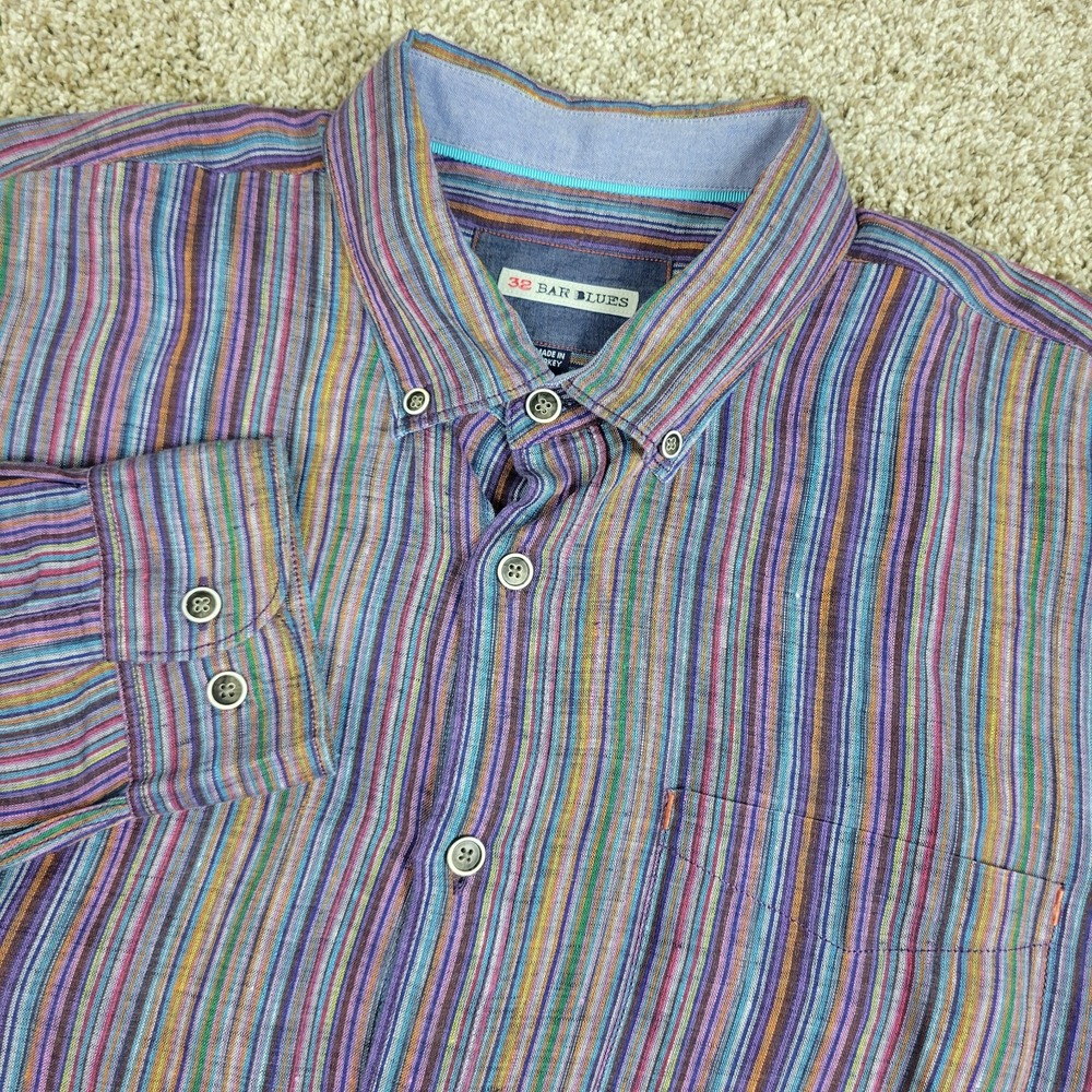 32 Bar Blues Mens XL Multicolor Striped Button Down Long Sleeve Linen